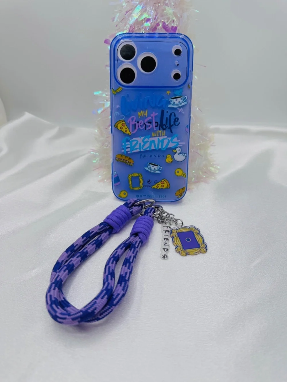 Friends TV Show iPhone 17 Pro Case w/ Wrist Lanyard & Frame Charm – Purple Clear